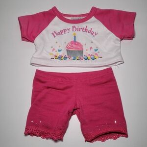 Build A Bear Happy Birthday Outfit T-shirt Bike Shorts Pink Tee Top Cupcake Lace